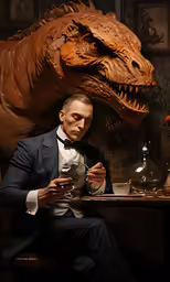 man in tuxedo sitting by a giant dinosaur head