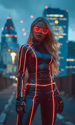 a woman in futuristic clothes with bright neon lights