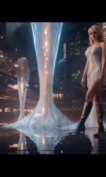 a woman in a short dress standing next to a large white sculpture