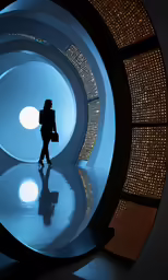 a woman walks inside of an art - deco, futuristic area
