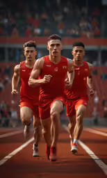 three men running down a track together during a race