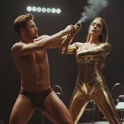 a person standing on stage with another person holding a cigarette