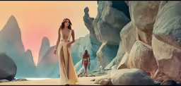 a woman standing on a beach near a large mountain