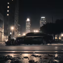 an illuminated city street at night with cars parked on the side