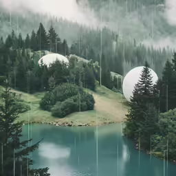some trees water bushes and clouds and clouds