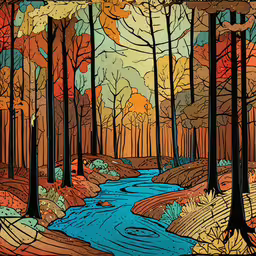 a river in a forest with lots of trees,a forest scene with some water in it