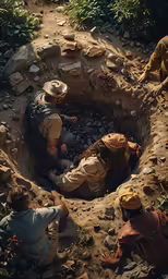 people in old hats looking at the rock pit