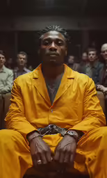 a black man in a yellow suit sitting with a group of other men behind him