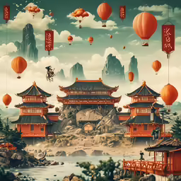 an oriental landscape with orange lanterns floating above water