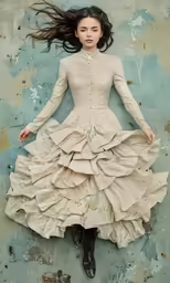 a beautiful asian woman in a dress is sitting down