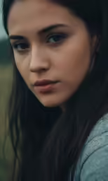 a woman with dark hair is looking at the camera