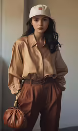 an asian woman in a tan shirt and brown pants with a white hat