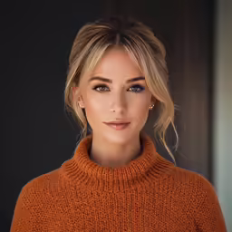 the woman with the turtle neck shirt is smiling