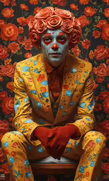 the clown is sitting in a chair in front of red roses