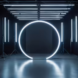 a large circular light is lit up in the dark