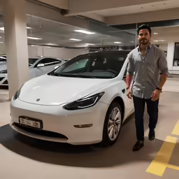 the man stands next to a white tesla in the parking lot