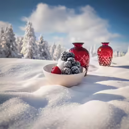there are several containers of berries in the snow