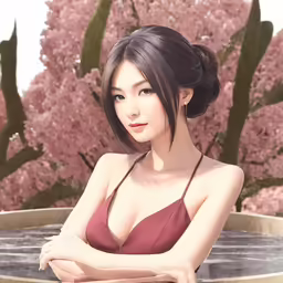 a female in a bikini and a pink tree