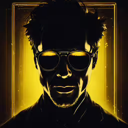 a character in sunglasses and a dark t shirt,an artistic portrait of a man wearing sunglasses