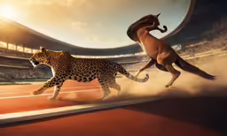two running cheetah on a red track near each other