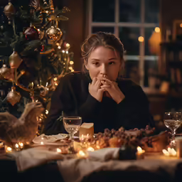 woman at table with food and a christmas tree in background