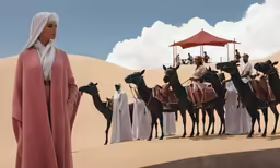 a woman stands next to some camels in the desert