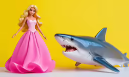 barbie doll next to a shark and toy shark
