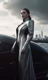 the woman is posing for the camera wearing an elegant gown
