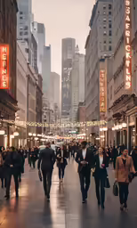 a group of people walking down a busy street in a city