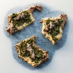 crackers are covered in various kinds of toppings