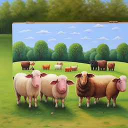 a painting of sheep standing in a field near the woods,a picture of a flock of sheep on a grassy field
