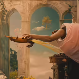 a woman is handing off a bag of flowers