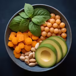 an avocado, spinach and chickpeas in a bowl with fruit on top