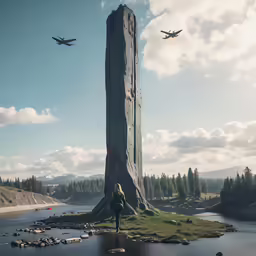 a woman looking at the view of an alien ship with two planes in the background
