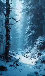 this is a snowy forest path leading to a waterfall