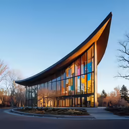 the curved building has an elaborate round staircase