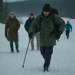 group of men in a snow - covered field trekking with poles