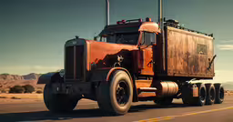 an old, rusty red truck traveling along a desert road,the big truck is painted orange and has some rust