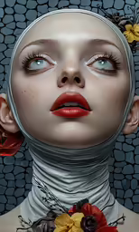 a woman with red lipstick and flowers in her hair