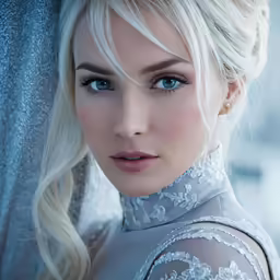 a beautiful blond woman in silver dress, photographed by a window