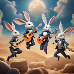 three rabbits, one playing guitar, another with an electric bass