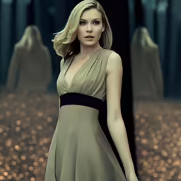blonde woman in green dress walking in dark area