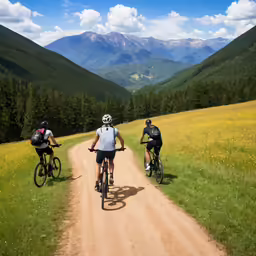 three people are riding bikes in a field near a dirt road