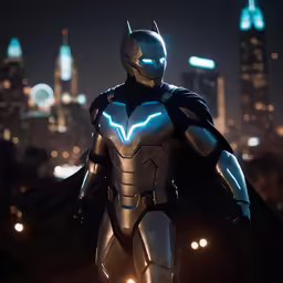 a superhero stands alone on top of a hill with city lights in the background