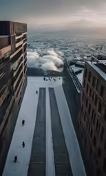 the snow covered ground has many buildings in it
