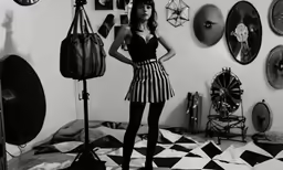 a woman stands in a room next to multiple records