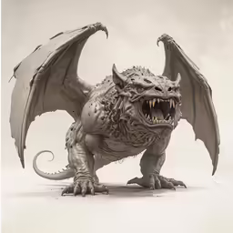 the 3d rendering depicts a mythical looking dragon, with its mouth open