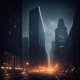 a city street with buildings lit up in the night