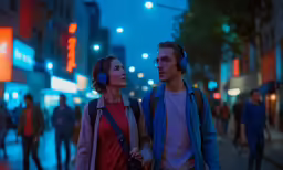 a man and a woman are walking down the street