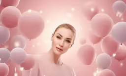 the woman in a pink dress is surrounded by balloons
